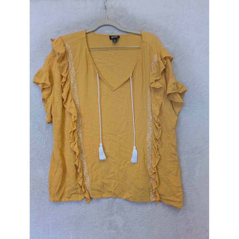 a.n.aโ Blouse Women's XL Yellow Ruffle Sleeve Embroidered Tassel V-Neck Boho